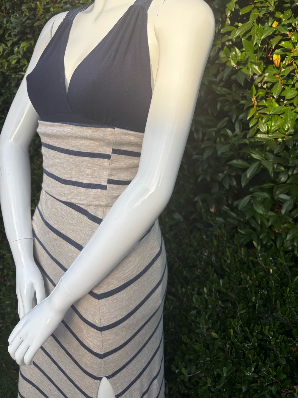 Elan Heather Gray and Navy Striped Side-Slit Maxi Skirt - Picture 2 of 11